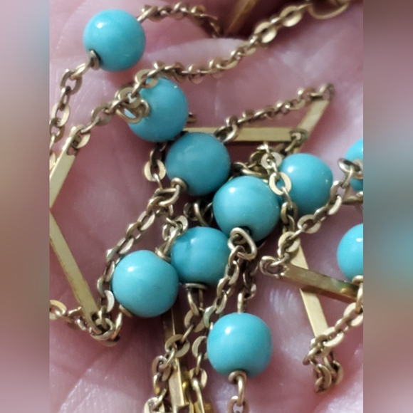 Solid 14k gold turquoise cable link chain station necklace 25" Italy vtg chain - Picture 7 of 11
